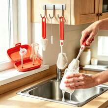 Portable Baby Bottle Brush Set, Includes Bottle Brush, Nipple Brush, Straw Brush, Drying Rack And Storage Box, Suitable For Travel Or Outings - Red - View 1
