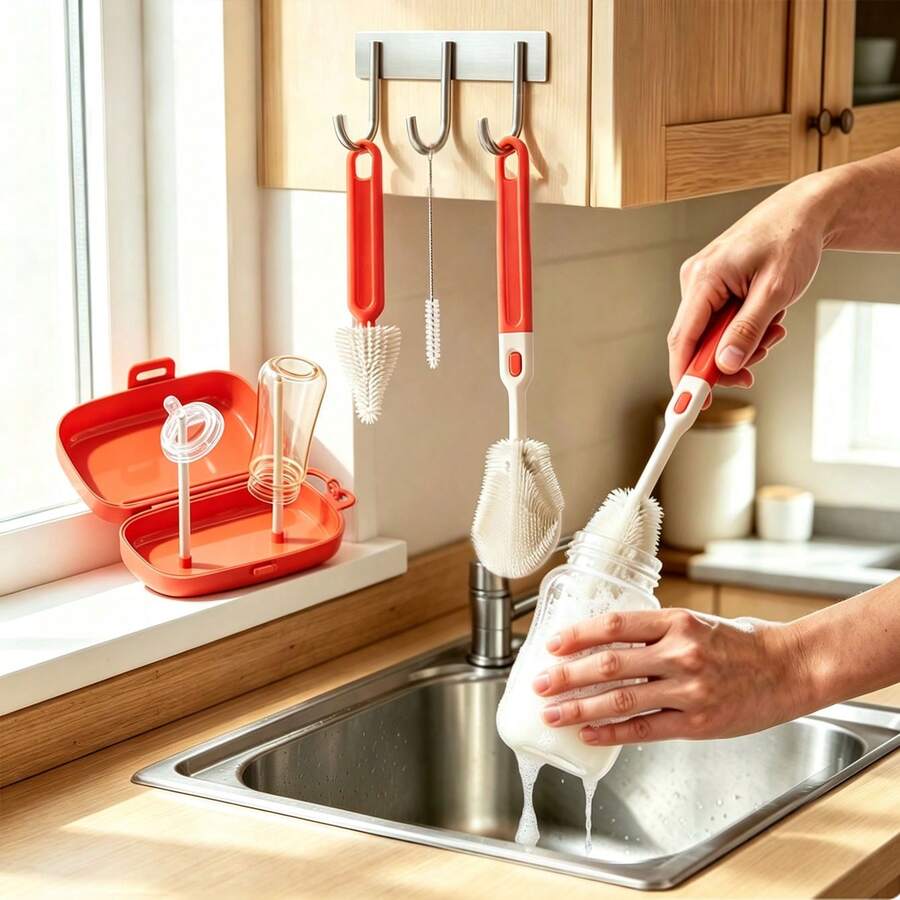 Portable Baby Bottle Brush Set, Includes Bottle Brush, Nipple Brush, Straw Brush, Drying Rack And Storage Box, Suitable For Travel Or Outings - Red - View 1