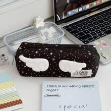 Cute 3D Wing Decor Star Pattern Pencil Pouch, Zipper Canvas Stationery Storage Bag, Back‑To‑School Supplies For School Girls - Star Pencil Case - View 12
