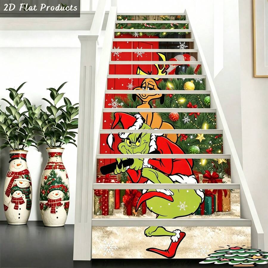 The Grinch 13 buah Stiker Tangga Natal, Stiker Anak Tangga Liburan Lucu dengan Desain Karakter Meriah, Dekorasi Tangga Perekat Sendiri untuk Pajangan Pesta di Pintu Masuk Rumah, Set Stiker Dinding Musiman dan Hadiah Natal untuk Penggemar, Teman, dan Keluarga - Beraneka warna - View 1