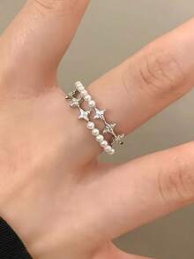 1pc Fashionable Exquisite Cubic Zirconia Starburst Faux Pearl Open Ring Suitable For Women's Daily Wear And Party - Silver - View 4