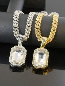 Rectangular Large Gemstone Pendant Full Diamond Cuban Necklace, Octagonal Main Stone Rhinestone Pendant, Hip Hop Ice Diamond Accessory, Unisex Rap Street Party Jewelry - Gemstone Pendant Necklace - View 8