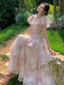 Women's Romantic Pink Floral Evening Cocktail Dress With Ruffle Hem, Elegant For Graduation Prom, Tea Party, Wedding Guest, Holiday Beach Fall - Baby Pink - View 1