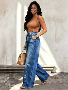 Women's Autumn Fashion Long Washed Denim Wide Leg Pants, Embroidered Circle Detail, Slightly Stretchy Casual Style - Medium Wash - View 4