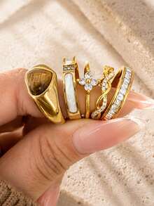 5pcs/Set 18K Gold Plated Women's Sweet Gentle Heart Natural Stone Rings, Autumn/Winter Fashion Accessories - Gold - View 15