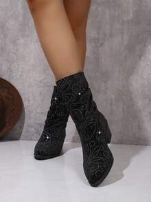 Women's Rhinestone Floral Pointed Toe Chunky Heel Ankle Boots, Vintage Western Cowboy Style Ruched Boots, Autumn/Winter Street Fashion Boots - Black - View 5