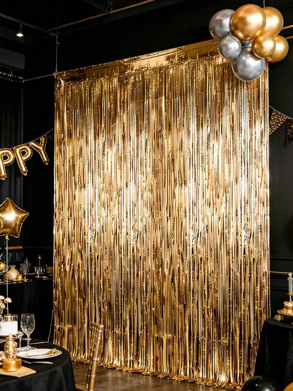 4‑Piece Set Of Bright Gold Party Background Decoration Plastic Rain Curtain, Birthday Party Hanging Decoration Banner Bright Face Rain Curtain, Anniversary Decoration, Wedding Decoration, Baby Party Decoration, Photo Props, Birthday Gifts