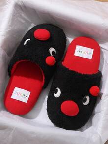 Women's Black Little Red Mouse Plush Slippers, Soft Unisex Flat Indoor Bedroom Slippers - Black - View 7