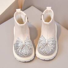 Children's Rhinestone Bow Boots, Baby Girl Side Zipper Soft Sole Autumn/Winter Ankle Boots, Easy To Put On And Take Off - Beige - View 11