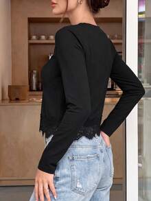 minisummer Women's Elegant Autumn Black V-Neck Long Sleeve Cropped Top, Eyelash Lace Hem Fitted Basic Blouse, Suitable For Casual Wear - Black - View 8
