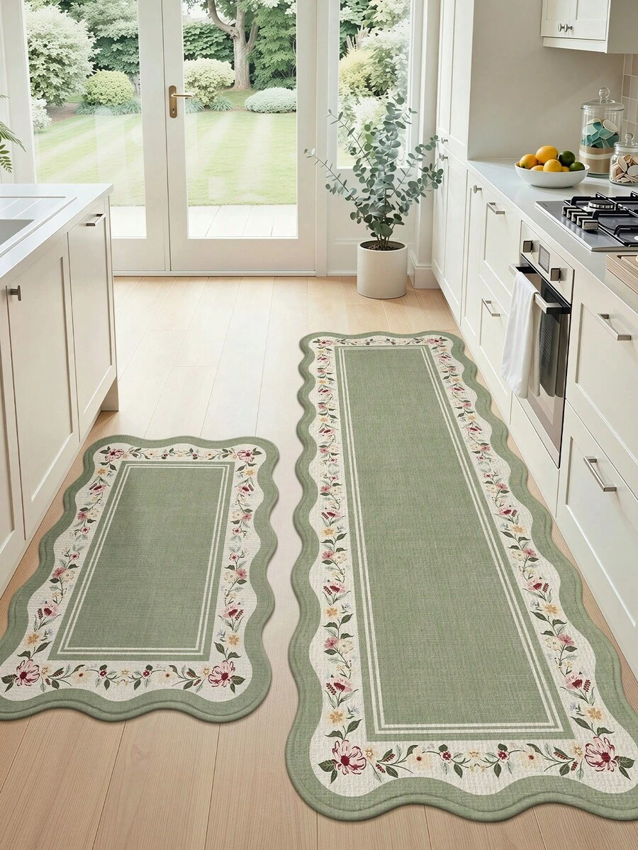 1pc Floral Bedroom Rug, Kitchen Rug, Green Fresh Style Long Area Rug, Suitable For Bathroom, Kitchen, Outdoor, Indoor, Bedroom, Living Room, Bedside, Decorative Rug, Machine Washable Easy To Clean, Entryway Mat, Non-Slip Bottom Rug, Bathroom Autumn Decor, Holiday Christmas - Multicolor - View 1