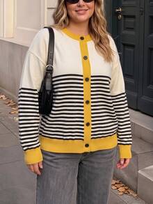 GIGOGOU Plus Size 1XL-4XL Women's Autumn/Winter Colorblock Striped Knit Cardigan, Round Neck Front Button Long Sleeve Casual Knit Jacket - Yellow - View 3