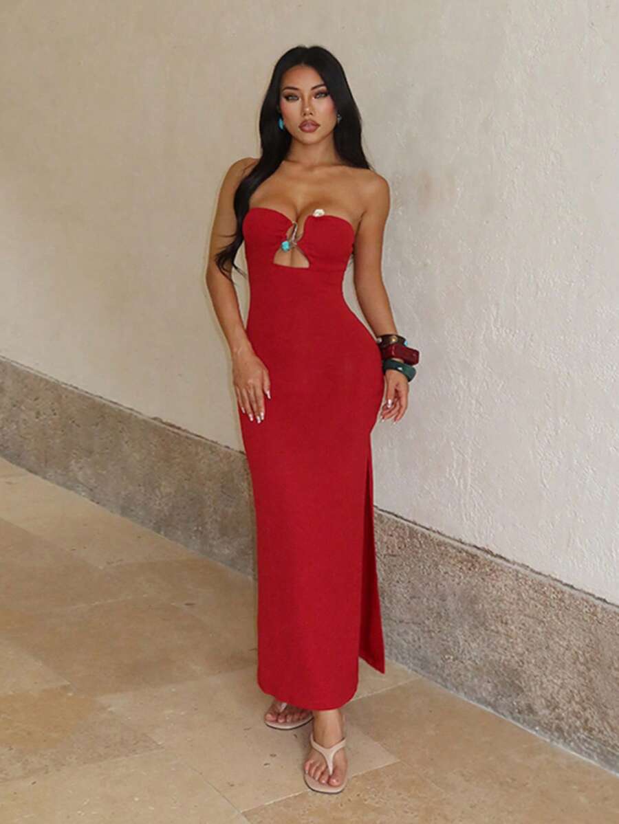 1pc Solid Color Elegant Knit Fabric Sleeveless Dress Beach Summer - Red - View 1