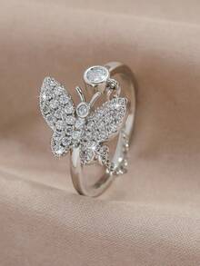 1pc Fashionable Exquisite Copper Inlaid Zirconia Butterfly Ring Women's Jewelry Gift - Silver - View 3
