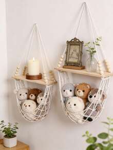 Kệ treo tường đan, kệ nổi phong cách Bohemian với giỏ lưới dây thừng cotton, kệ lưu trữ treo tường phù hợp cho búp bê, trái cây và rau củ, trang trí tường mộc mạc, phù hợp cho phòng ngủ, nhà bếp, phòng khách và phòng trẻ em - Xem 3