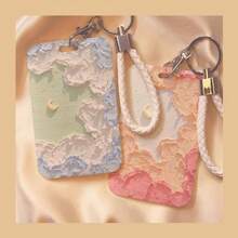 Macaron Color Cloud & Moon Oil Painting Card Holder, Aesthetic Pastoral Style ID Badge Holder With Woven Wrist Strap Lanyard Keychain, For Girls Students Campus Bus Card - Multicolor - View 2