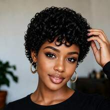 Short Elfin Cut Human Hair Wig For Women Short Afro Curly Wave Human Hair Wig With Bangs Remy Peruvian Human Hair Wig Elastic Net Full Machine Made Black Colored Human Hair Holiday Wear Party Wear Music Festival - Natural Black - View 5