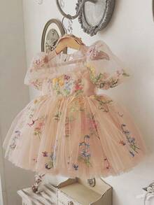 女童刺繡花瓣袖鏤空露背網紗公主裙，適合女孩生日派對、花童婚禮禮服、派對洋裝 - 金色 - 查看 9