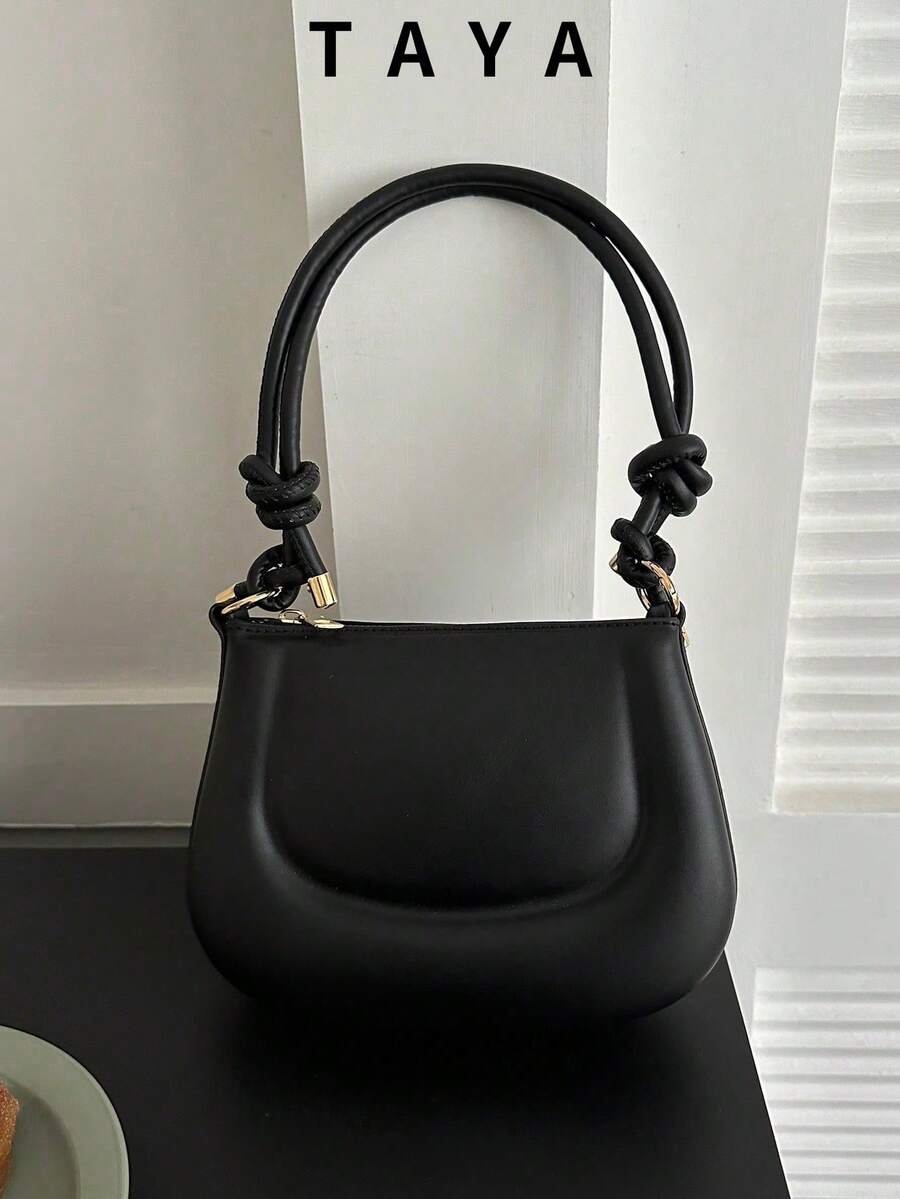 New Women's Mini Shoulder Bag, Minimalist Solid Color Versatile Small Square Bag, Knotted Strap Shoulder Bag, Solid Color Zipper Underarm Bag, PU Leather Fashion Bag - Black - View 1