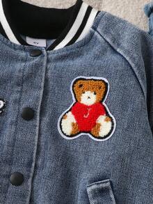 MYVLNA Unisex Baby Blue Denim Baseball Jacket, Bear & Letter/Number Patch Decor, Black & White Striped Ribbed Collar, Cuffs & Hem, Single-Breasted Snap Front, Slanted Pockets, Casual Collegiate Style - Blue - View 4