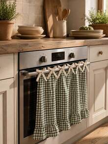 Plaid Ruffled Oven Door Curtain With Bow, Farmhouse Style Kitchen Oven Handle Cover, Detachable Decorative Kitchen Cabinet Curtain, Home Kitchen Decor - Ruffled Edge - View 6