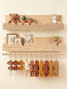 2pcs Nursery Floating Shelves With Rod, Headband & Bow Storage Rack, Wall-Mounted Wooden Shelf, Nursery Wall Decor, Home Storage, Bathroom Storage Decor - Multicolor - View 1