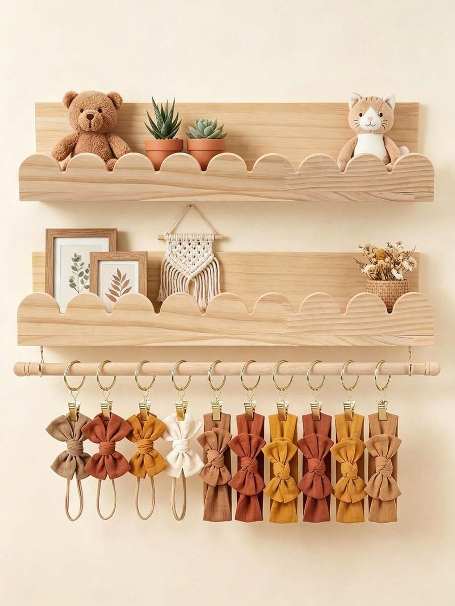 2pcs Nursery Floating Shelves With Rod, Headband & Bow Storage Rack, Wall-Mounted Wooden Shelf, Nursery Wall Decor, Home Storage, Bathroom Storage Decor - Multicolor - View 1