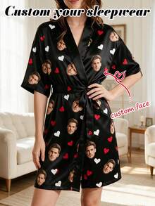 1Pc Custom Face Photo Robe Personalised Black Heart Picture Women Night Wear Sleepwear Kimono Bathrobe Gift For Wife - Multicolor - View 2