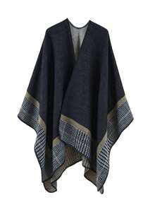 1pc Men's Colorblock Plaid Trim Warm Cape Shawl, Loose Windproof Long Woven Cardigan Coat, Multiple Colors Available - Multicolor - View 9