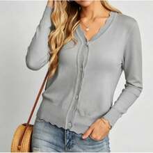 Women's Scalloped Hem Knit Cardigan, V-Neck Long Sleeve Cardigan, Lightweight Viscose Cardigan For Spring And Autumn - Grey - View 1