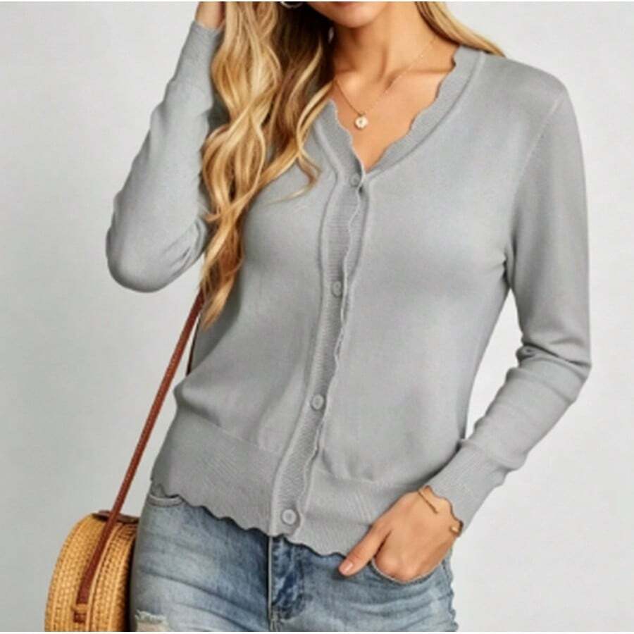 Women's Scalloped Hem Knit Cardigan, V-Neck Long Sleeve Cardigan, Lightweight Viscose Cardigan For Spring And Autumn - Grey - View 1