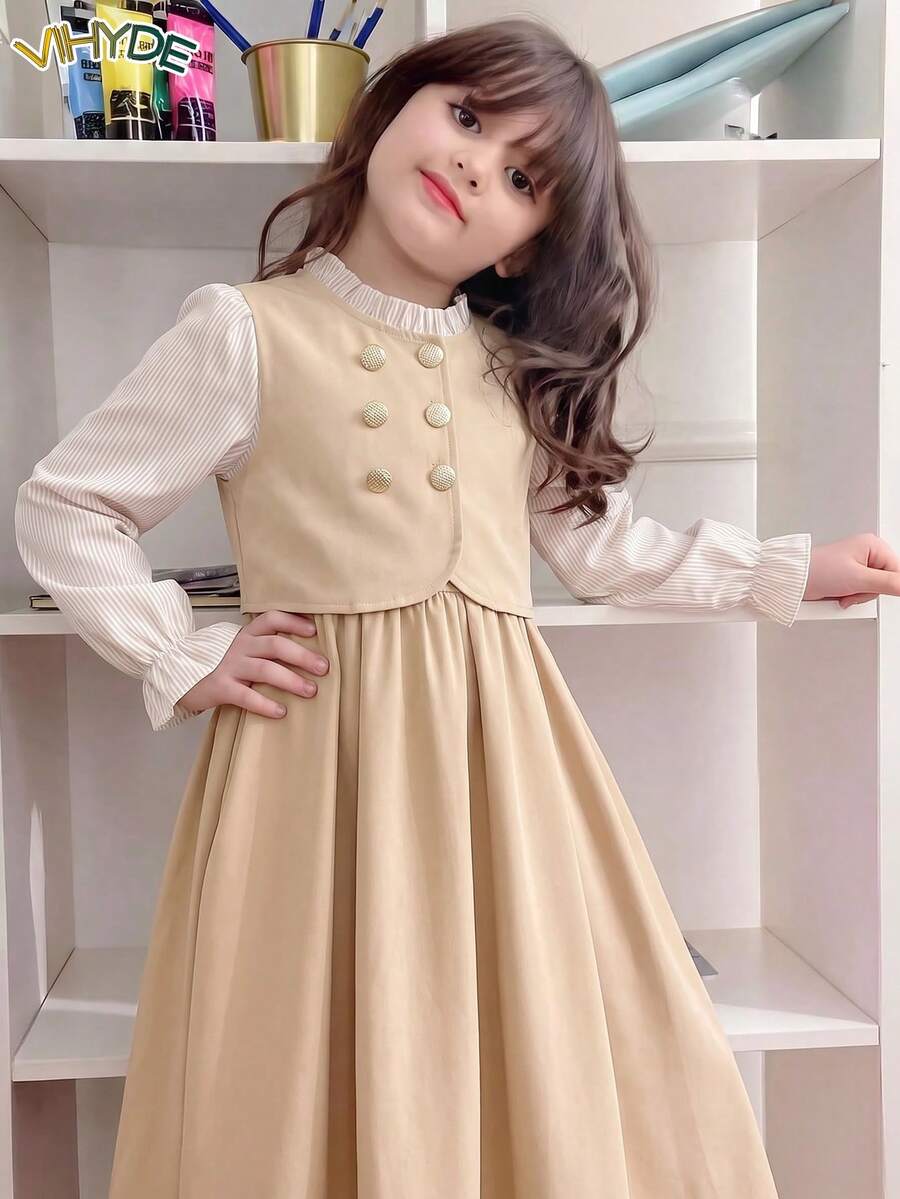 Vihyde 女童長袖假背心洋裝，荷葉邊飾邊、小立領、前襟全開扣、長版 - 卡其色 - 查看 1