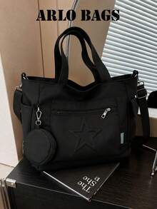Tote Bag With Pentagram Embossed Decoration, Detachable Small Pouch, Multi-Compartment Storage, Zipper Closure, Casual Style, Handheld And Crossbody Tote Bag, Suitable For Daily Outings, School Commute And Various Occasions, Combining Fashion Sense And Practical Carrying Capacity - Black - View 7
