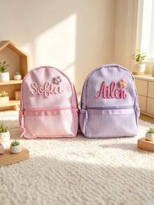 1pc Customized Name Macaron Striped Pink Girly Backpack, Portable Lightweight Travel Student Bag, Embroidered Name Back To School Gift, Personalized Gift - Multicolor - View 3