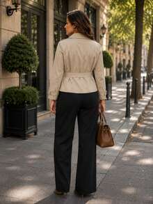 Plus Size Old Money Style Plus Size Friendly Short Trench Coat, Belted Double-Breasted Lightweight Spring/Autumn Jacket - Khaki - View 2