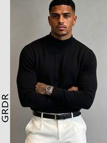 GRDR Men's Autumn/Winter Solid Color Half-High Neck Long Sleeve Sweater - Black - View 3