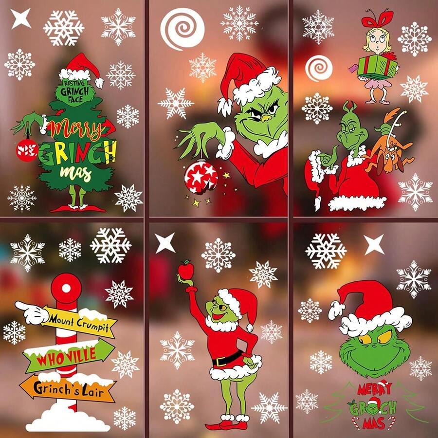 The Grinch Stiker Jendela Natal, Stiker Jendela Musim Dingin, Dekorasi Natal Kepingan Salju, Stiker Jendela Natal, Stiker Jendela Liburan, Dekorasi Musim Dingin - View 1