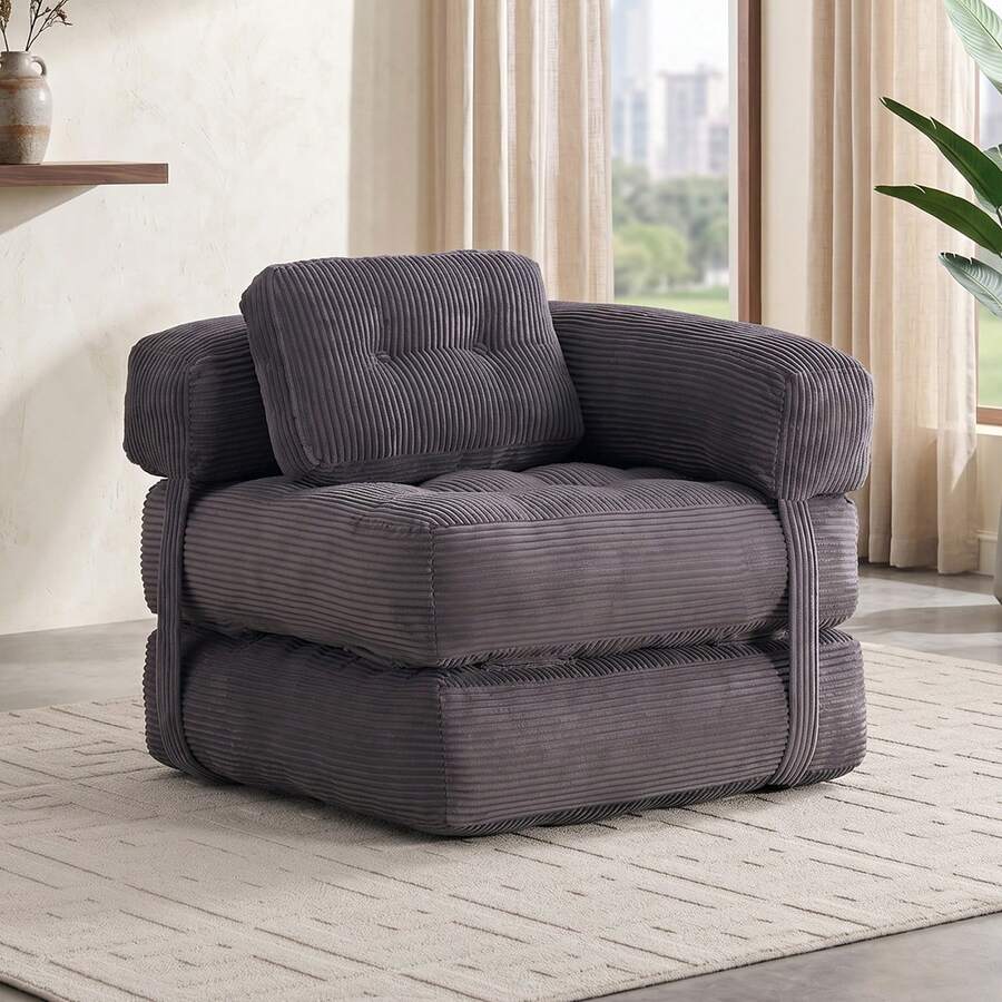 L-Shaped Corduroy Folding Sofa Bed, Multi-Functional Convertible Lazy Sofa For Small Spaces - Dark Grey - View 1