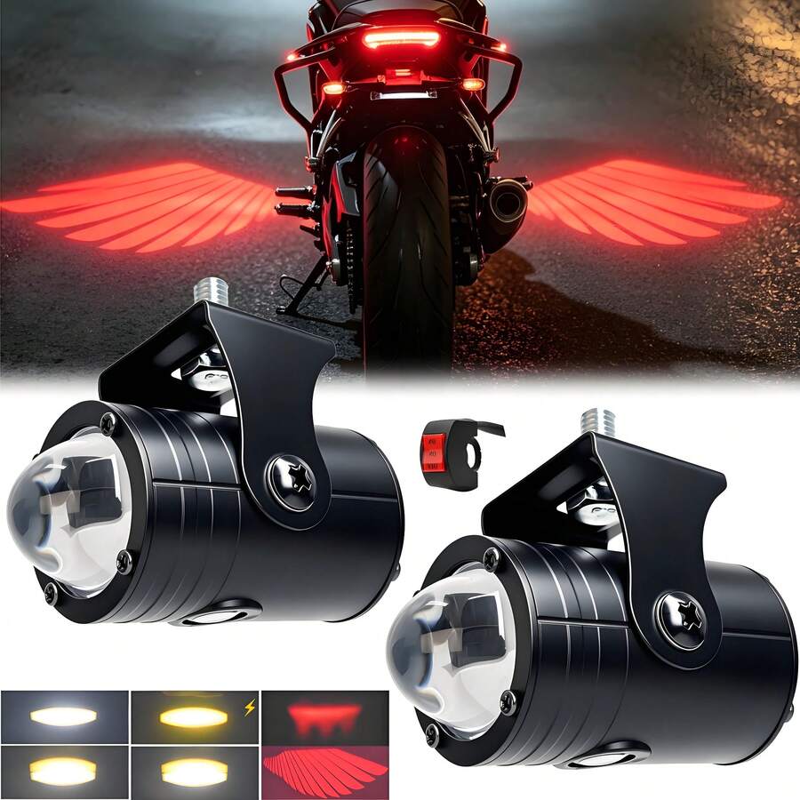 2pcs Motorcycle Spotlights + Angel Wings LED Projector Lights, Electric Vehicle Street Modification Welcome Decoration Anti-Collision Laser Lights - Advanced Version - View 1