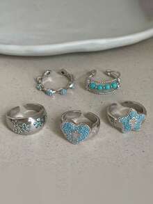 1pc Women's Ring, Multicolor Copper Material, Faux Turquoise Heart & Star Inlaid CZ Design, Exquisite & Luxurious Women's Accessory Suitable For Daily Commute Wear, Holiday Gift - Multicolor - View 8