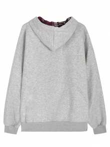 YCYC Korean Style Women's Hooded Sweatshirt, Autumn/Winter Colorblock Plaid Lining Short Zip-Up Sweatshirt Jacket, Loose Fit Long Sleeve Top - Grey - View 5