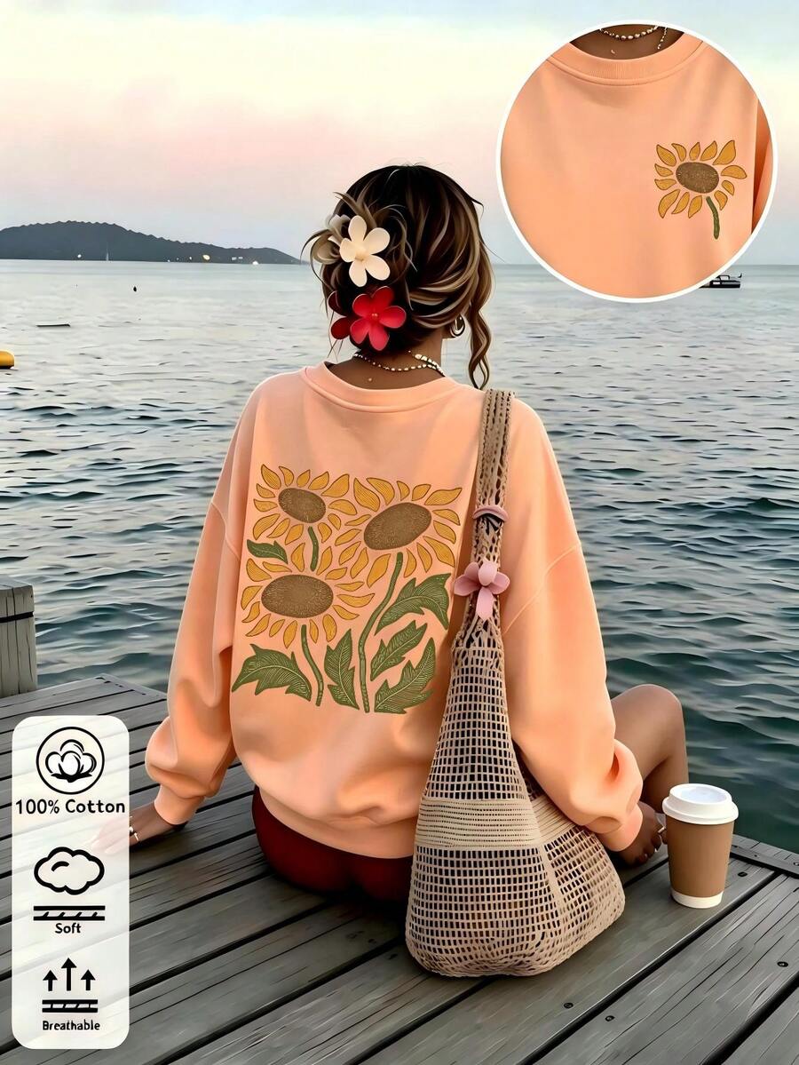 Women's Peach Pullover Sweatshirt With SunflowerPrint, Rib-Knit Details,Round Neck, Long Regular Sleeves,Medium StretchKnitted FabricFall Outfits - Hami Melon Orange - View 1