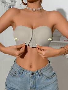 1pc Grey Front-Closure Scoop Neck Wireless Bra, Upgraded Wide Silicone Non-Slip Trim, Soft Comfortable Lining, Seamless Ladies Underwear - Grey - View 10