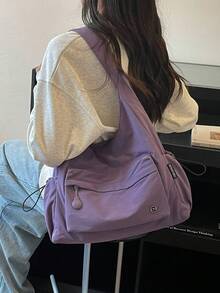 Women's Solid Color Nylon Fabric Drawstring Shoulder Tote Bag, Side Pockets, Zipper Closure, Large Capacity, Casual Style, Suitable For Daily Commute And Travel, All Season - Purple - View 3