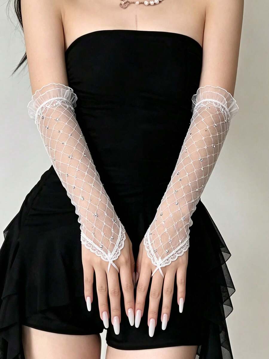 1 Pair Long Rhinestone Party Fishnet Fingerless Gloves With Hook Finger Arm Warmers - White - View 1