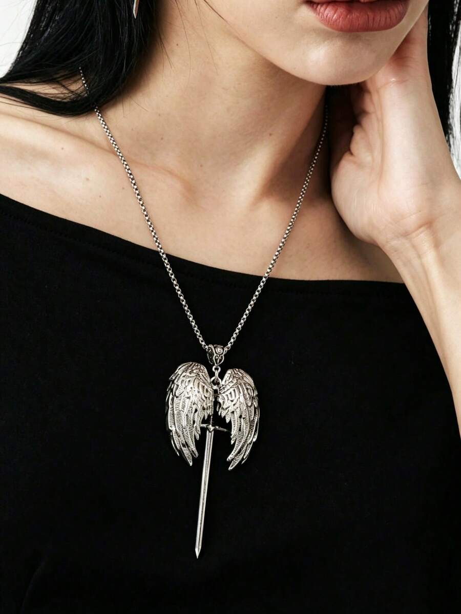 Personalized Street Style Punk Gothic Dark Angel Sword Vintage Hip Hop Pendant Necklace - Silver - View 1
