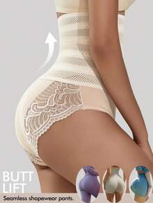 Shaping Lace Trim Triangle Panties High Waist Tummy Control Shapewear - White - View 1