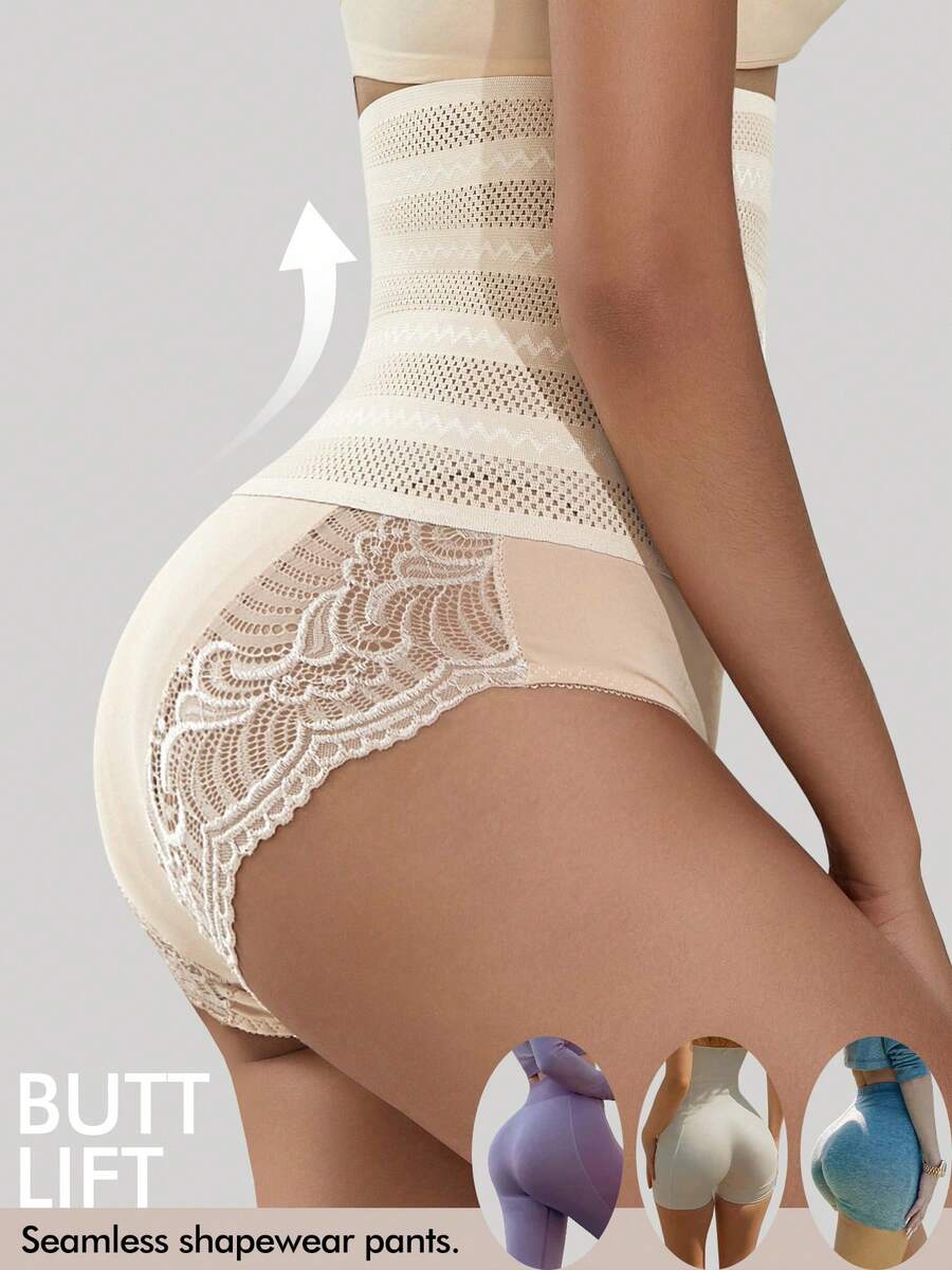 Shaping Lace Trim Triangle Panties High Waist Tummy Control Shapewear - White - View 1