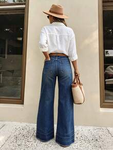 Elegant Women's Denim Wide Leg Pants, With Pockets, Mid-Stretch, Long Length, Washed Process, Suitable For Daily Casual Wear - Dark Wash - View 6