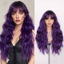Purple Wig With Bangs Ombre With Dark Roots Heat Resistant Synthetic Wavy Curly Hair For Cosplay Women Daily Party Use 26 Inches - Purple - View 1